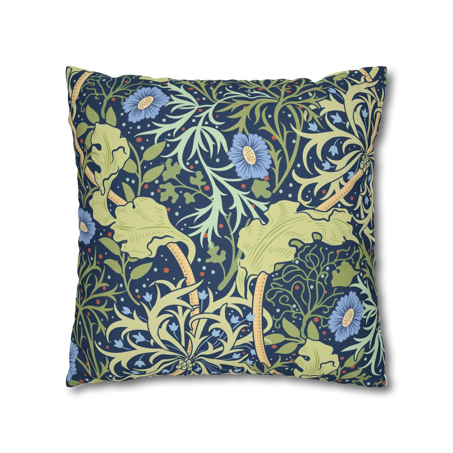 Decorative pillow with floral and leaf pattern on a white background