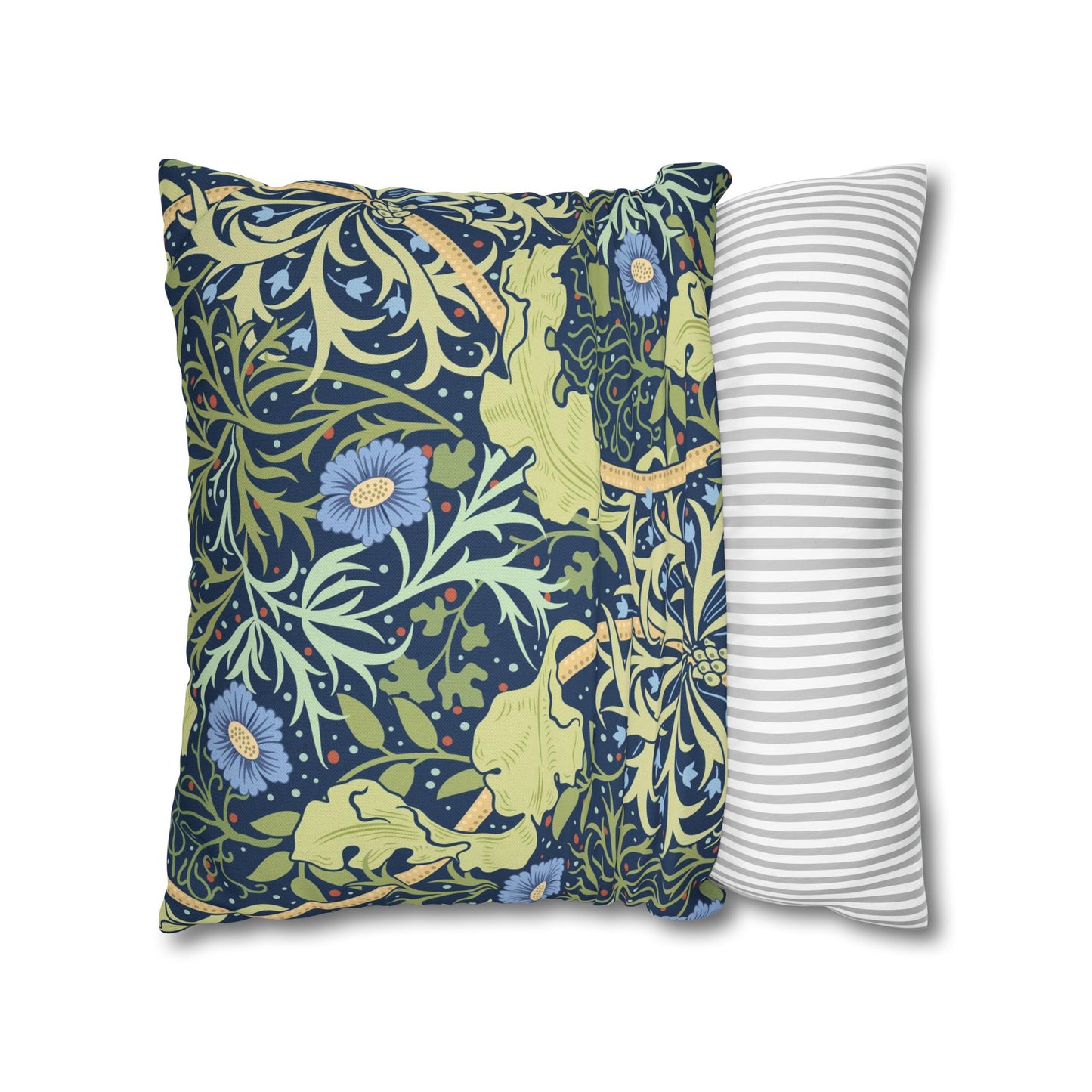 Two pillows, one with a floral pattern and the other with a striped pattern, on a white background.