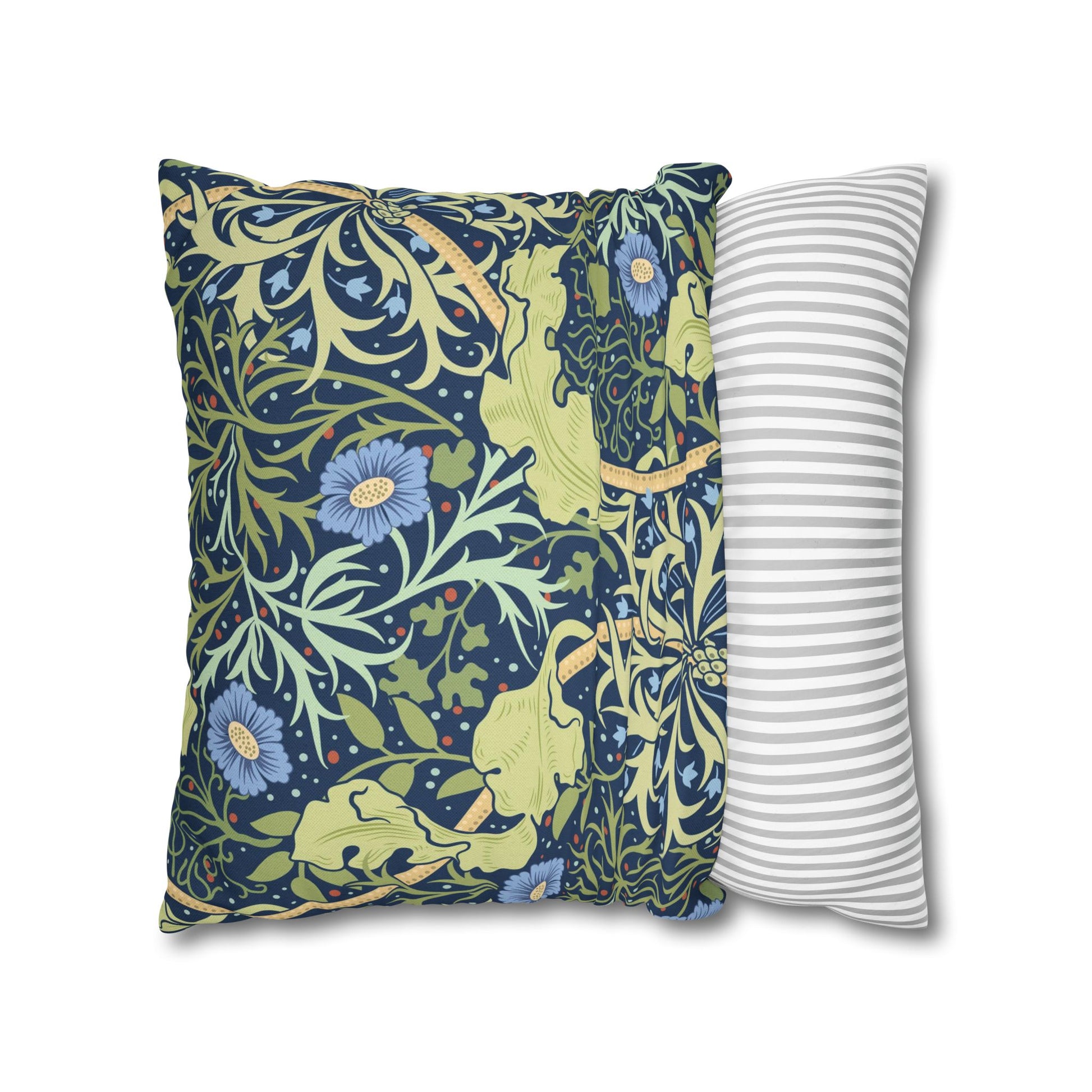 Two pillows, one with a floral pattern and the other with a striped pattern, on a white background.