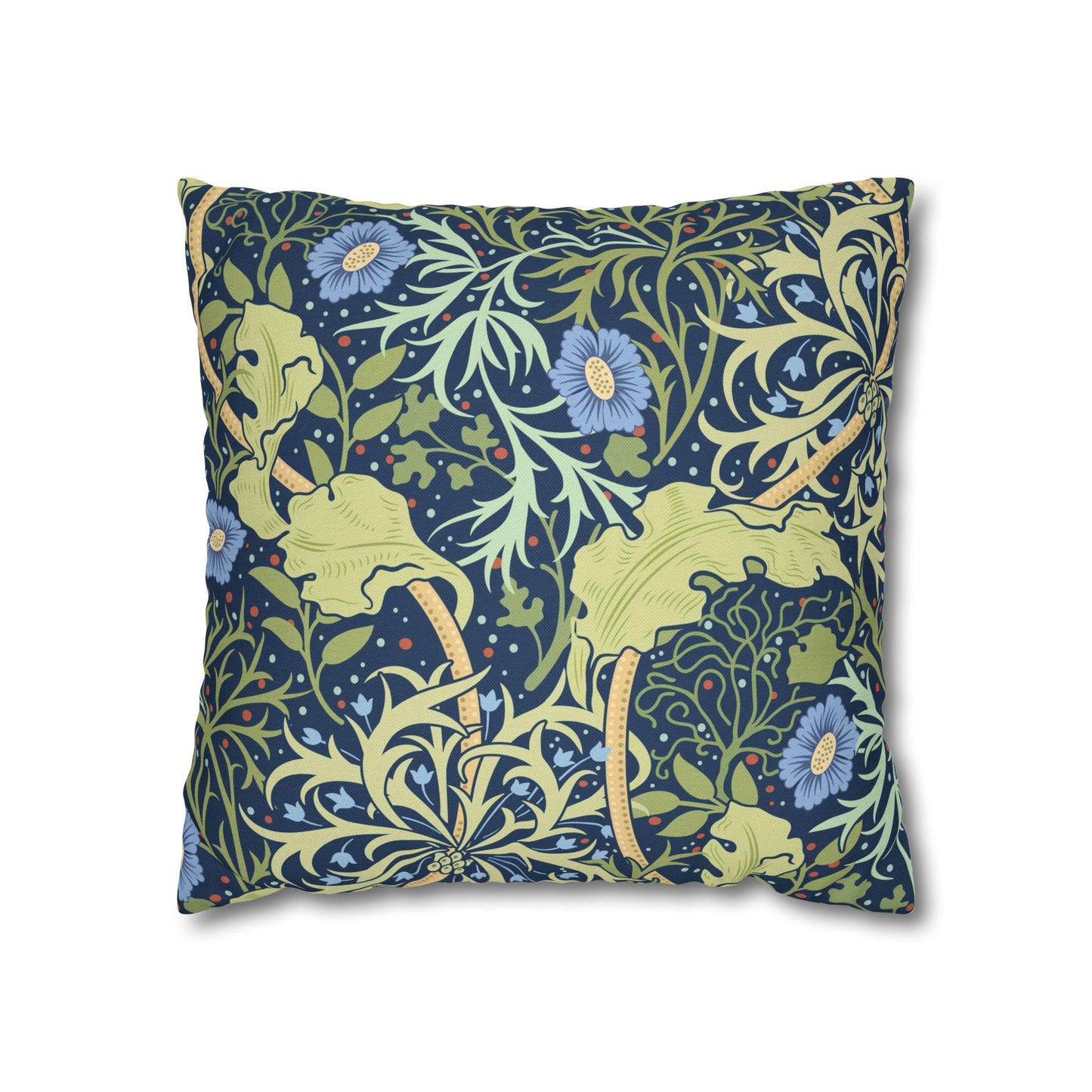 Decorative pillow with floral and leaf pattern on a white background
