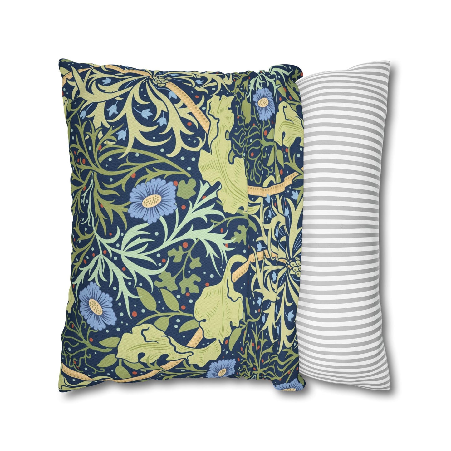 Two pillows, one with floral pattern and one with stripes, on a white background