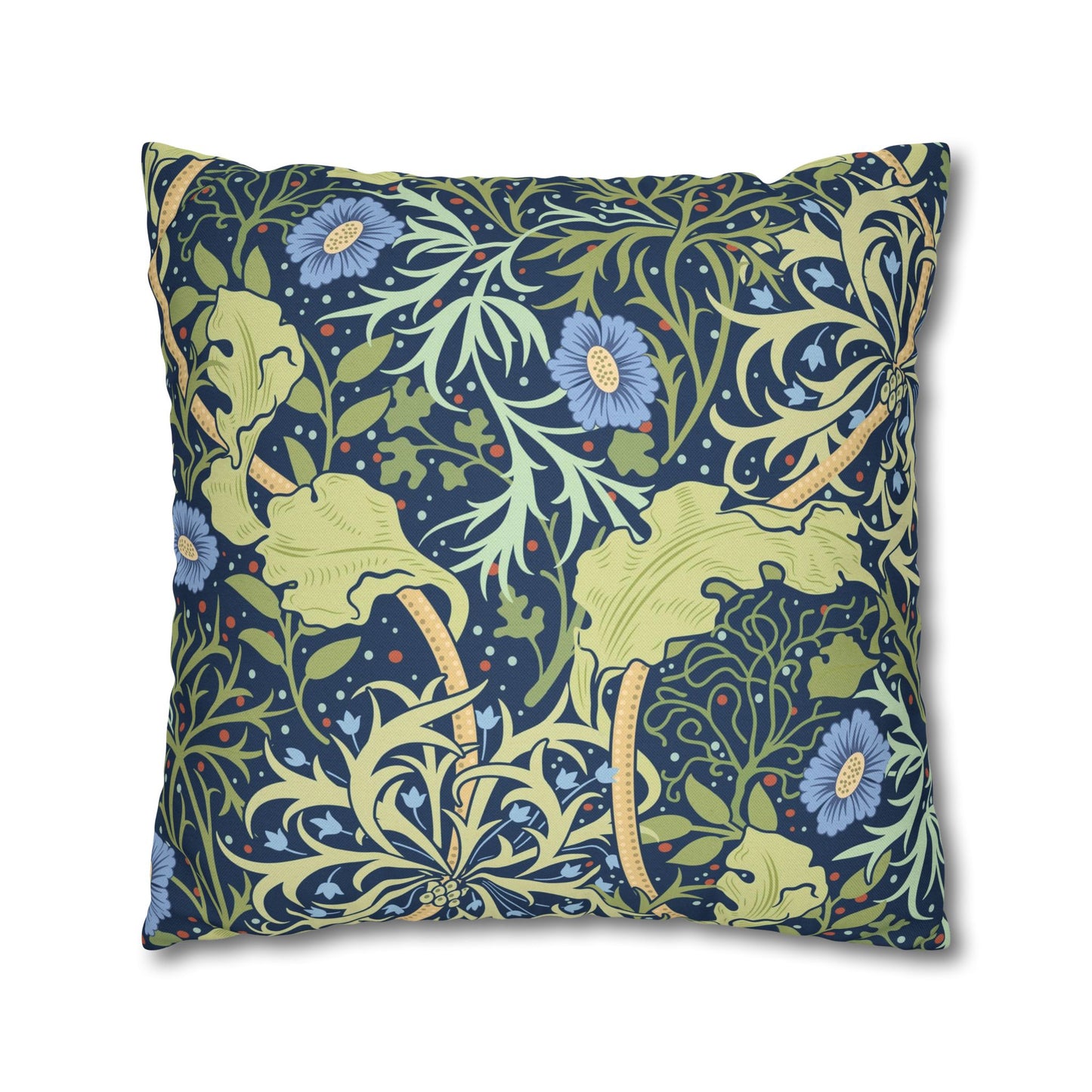Decorative pillow with floral and leaf pattern on a white background