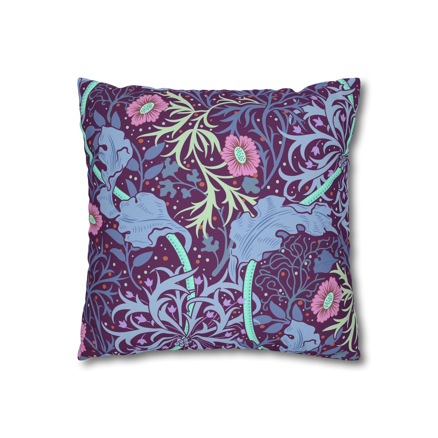 Decorative pillow with floral and animal pattern on a white background