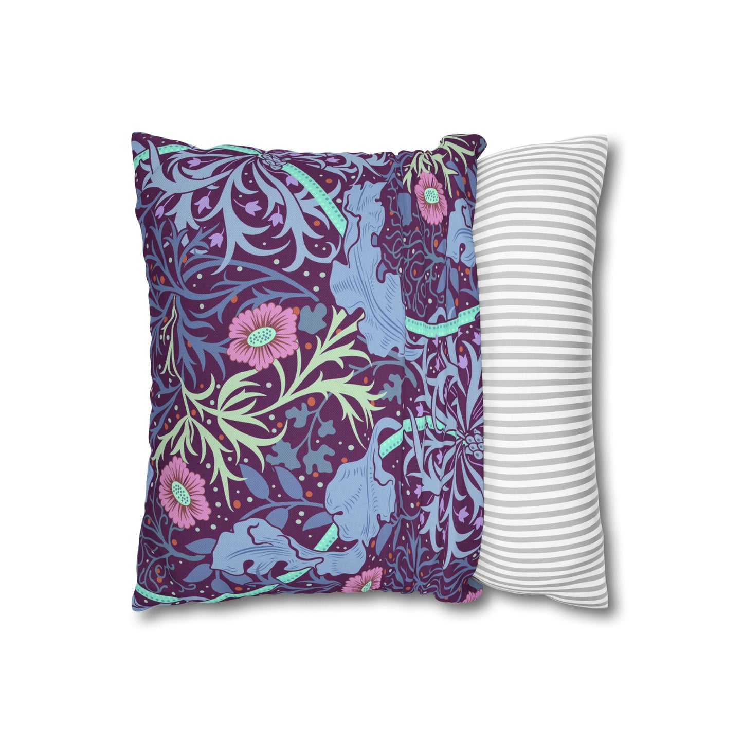Two pillows, one with a floral pattern and the other with a striped pattern, on a white background.