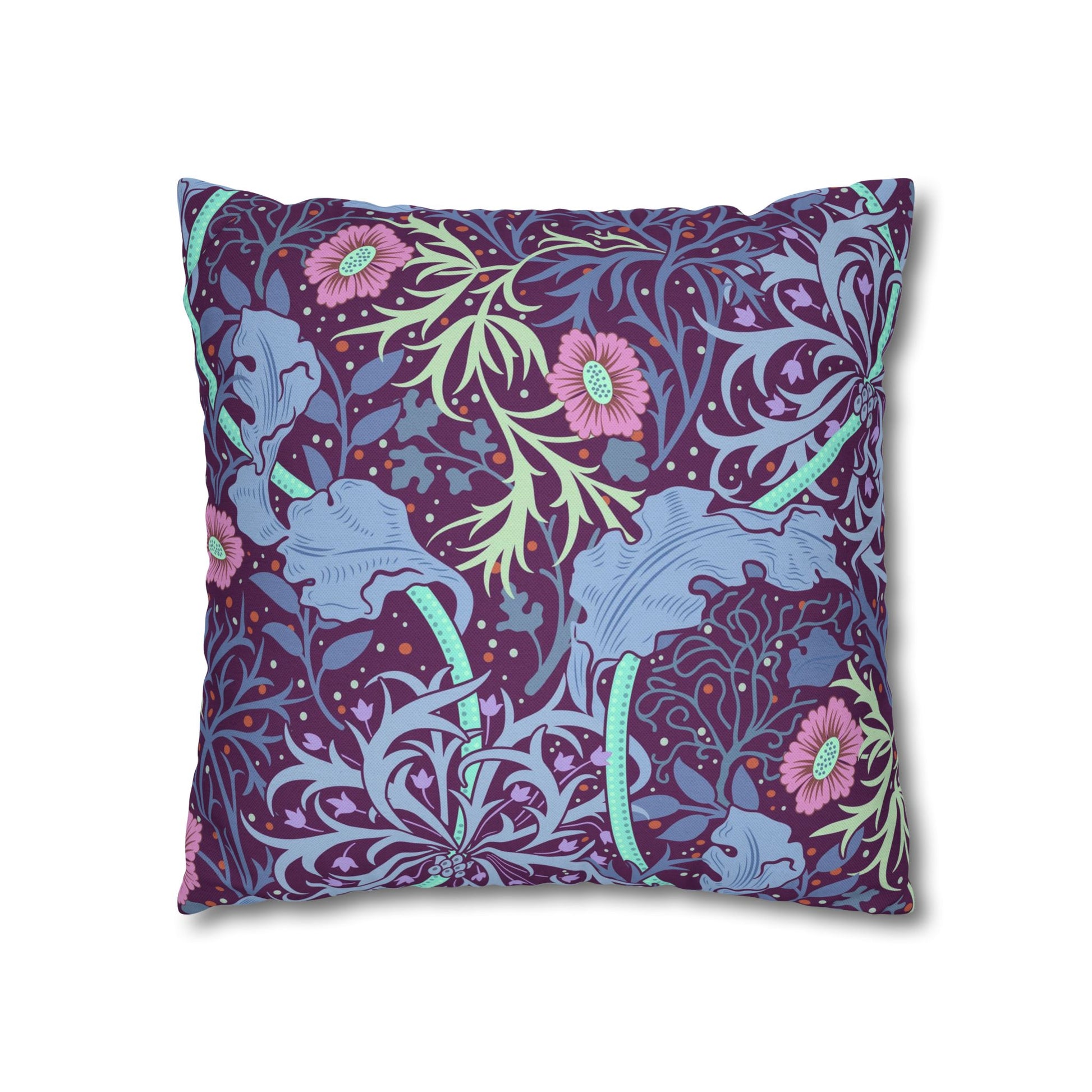 Decorative pillow with floral and animal pattern on a white background