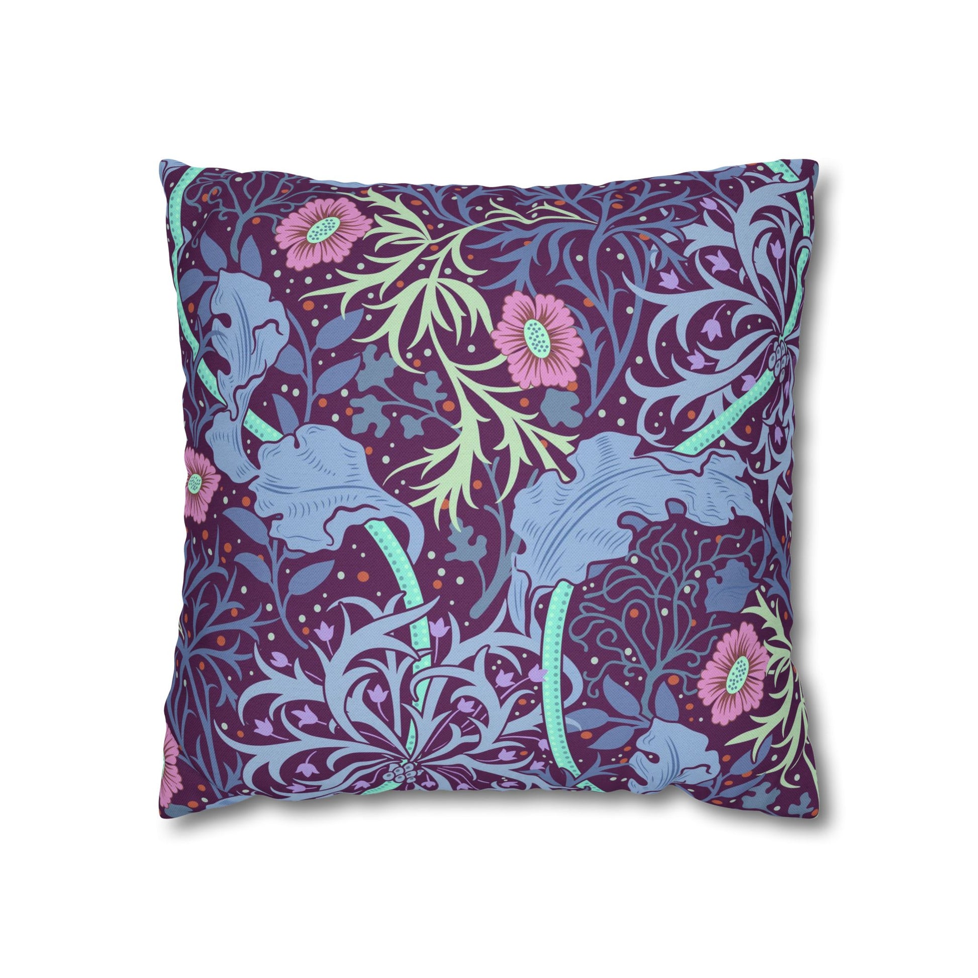 Decorative pillow with floral and animal pattern on a white background