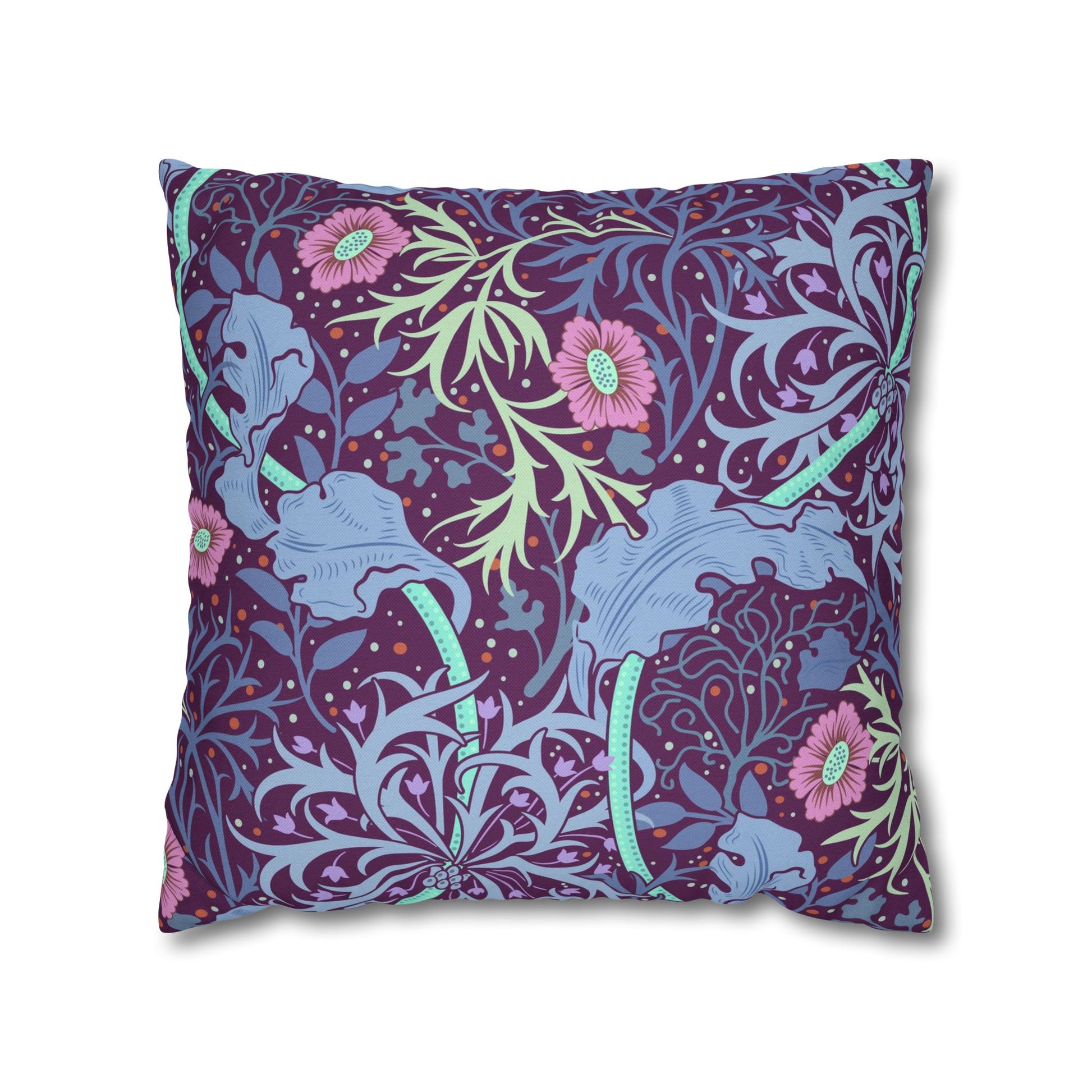 Decorative pillow with floral and animal pattern on a white background