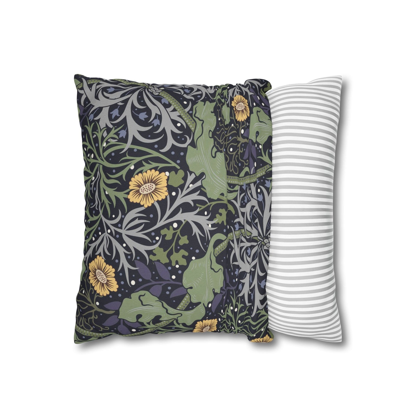Two pillows, one with a floral pattern and the other with a striped pattern, on a white background.