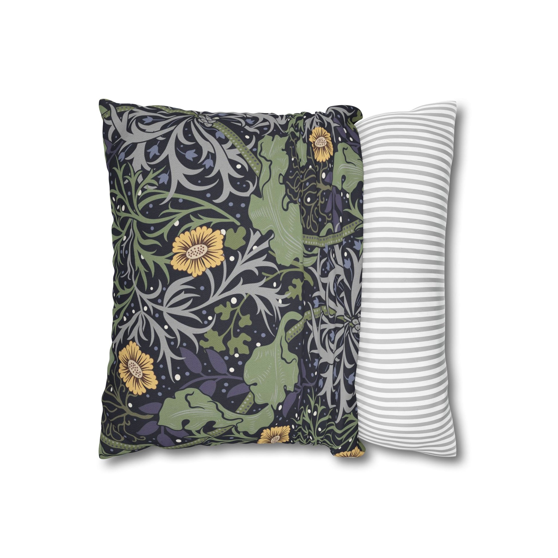 Two pillows, one with a floral pattern and the other with a striped pattern, on a white background.