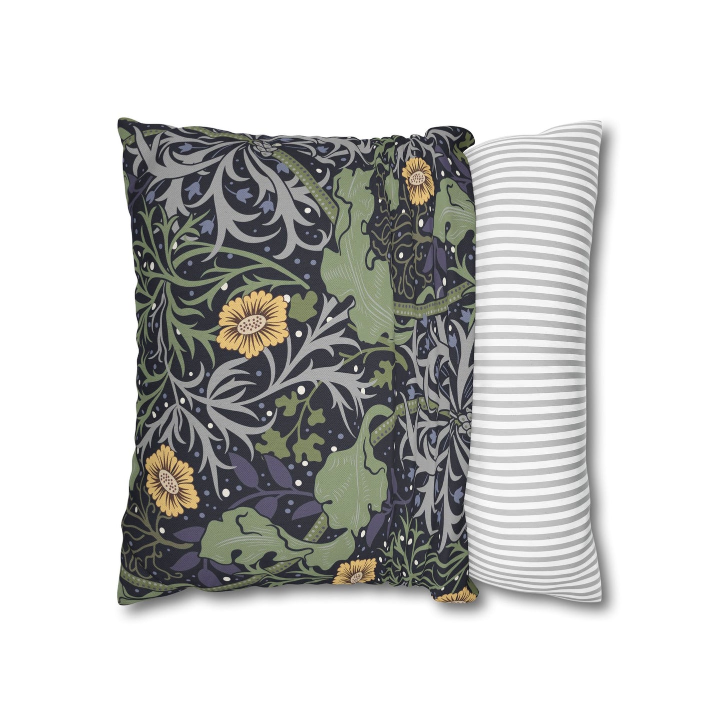 Two pillows, one with a floral pattern and the other with a striped design, on a white background.