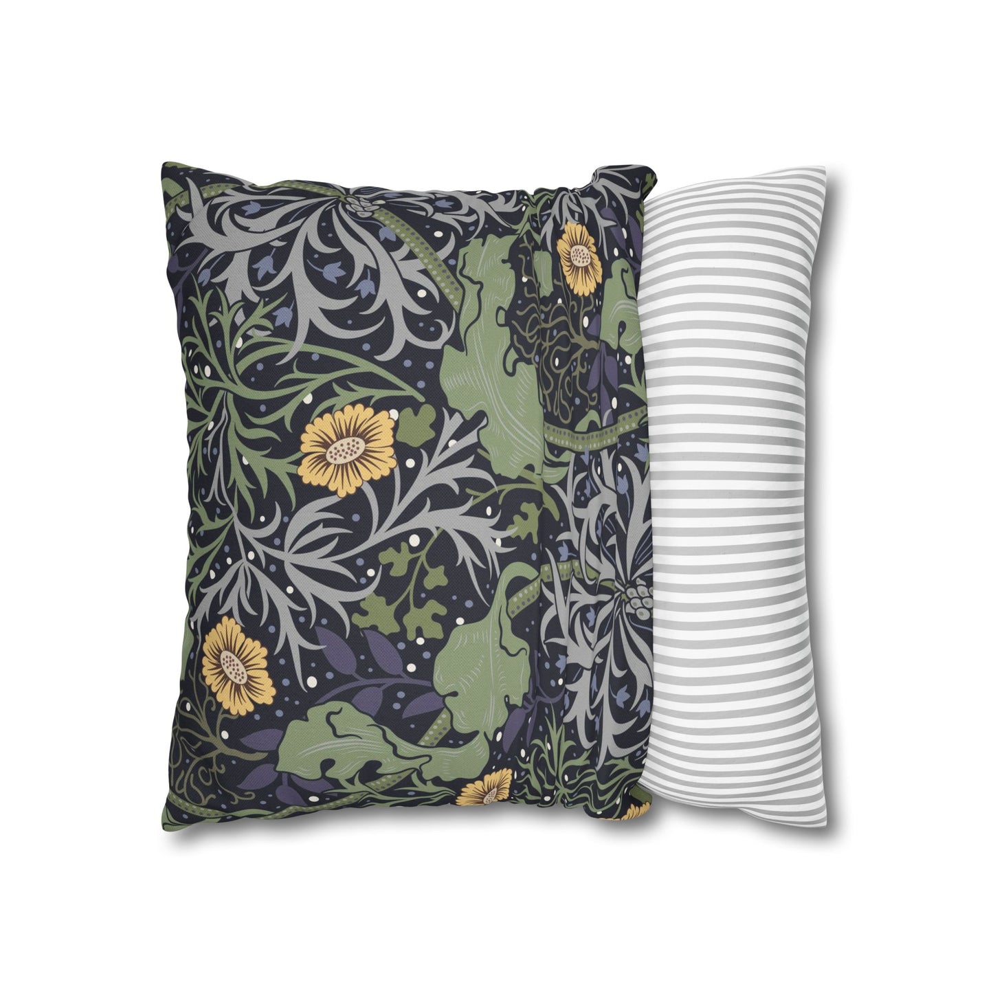 Two pillows, one with a floral pattern and the other with a striped design, on a white background.