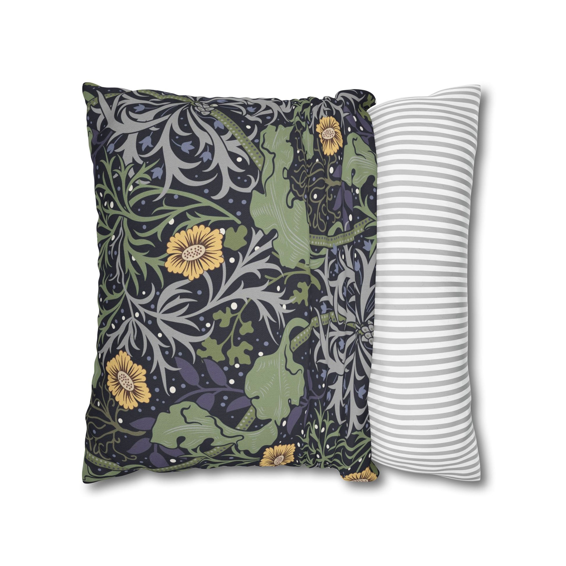 Two pillows, one with a floral pattern and the other with a striped pattern, on a white background.