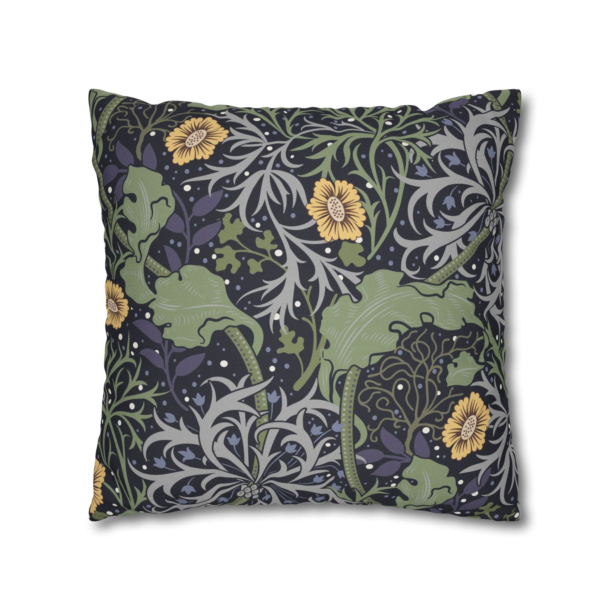 Decorative pillow with floral and leaf pattern on a white background