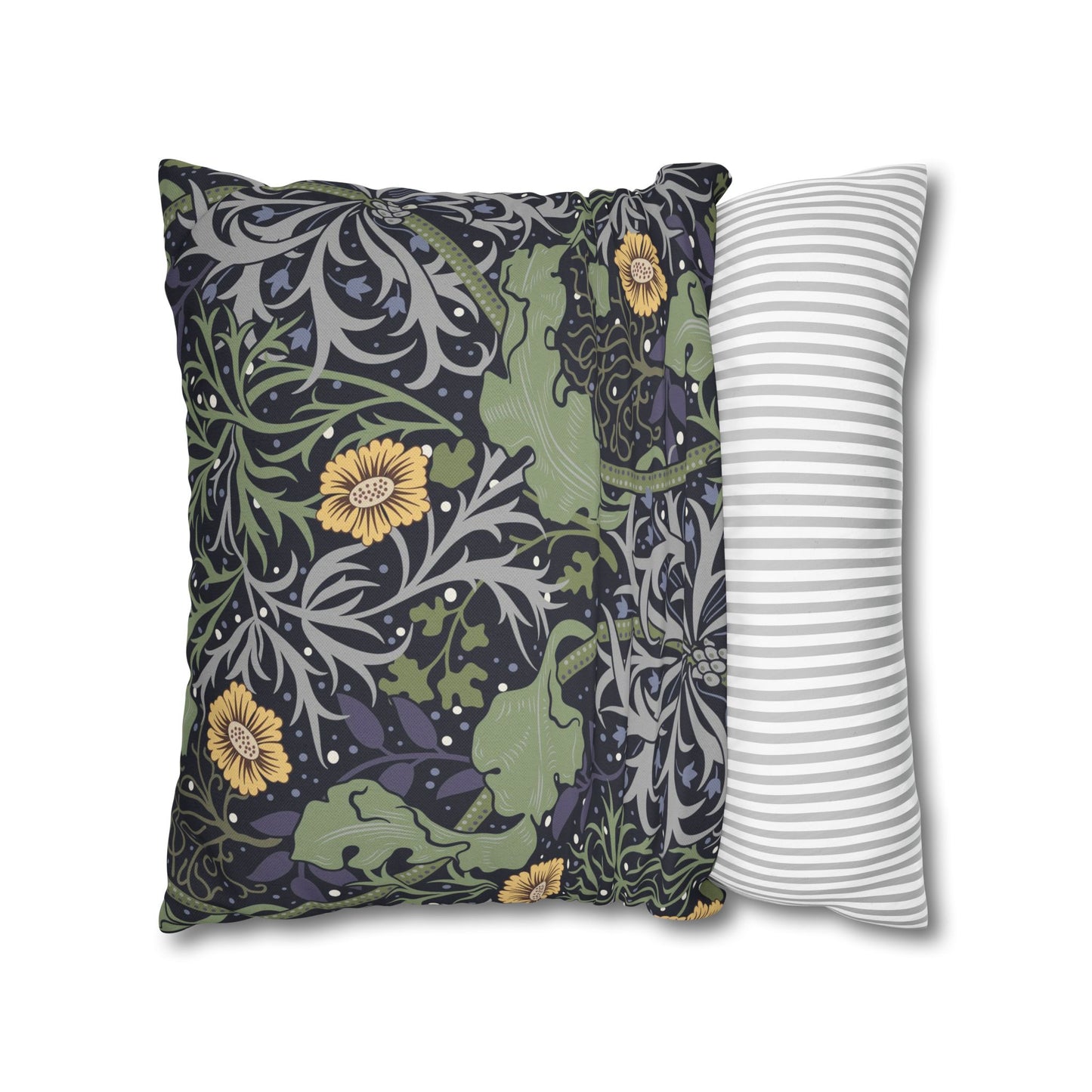 Two pillows, one with a floral pattern and the other with a striped pattern, on a white background.