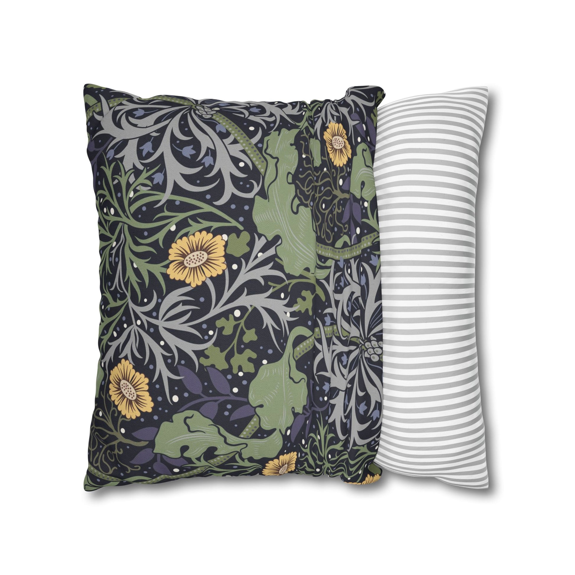Two pillows, one with a floral pattern and the other with a striped pattern, on a white background.