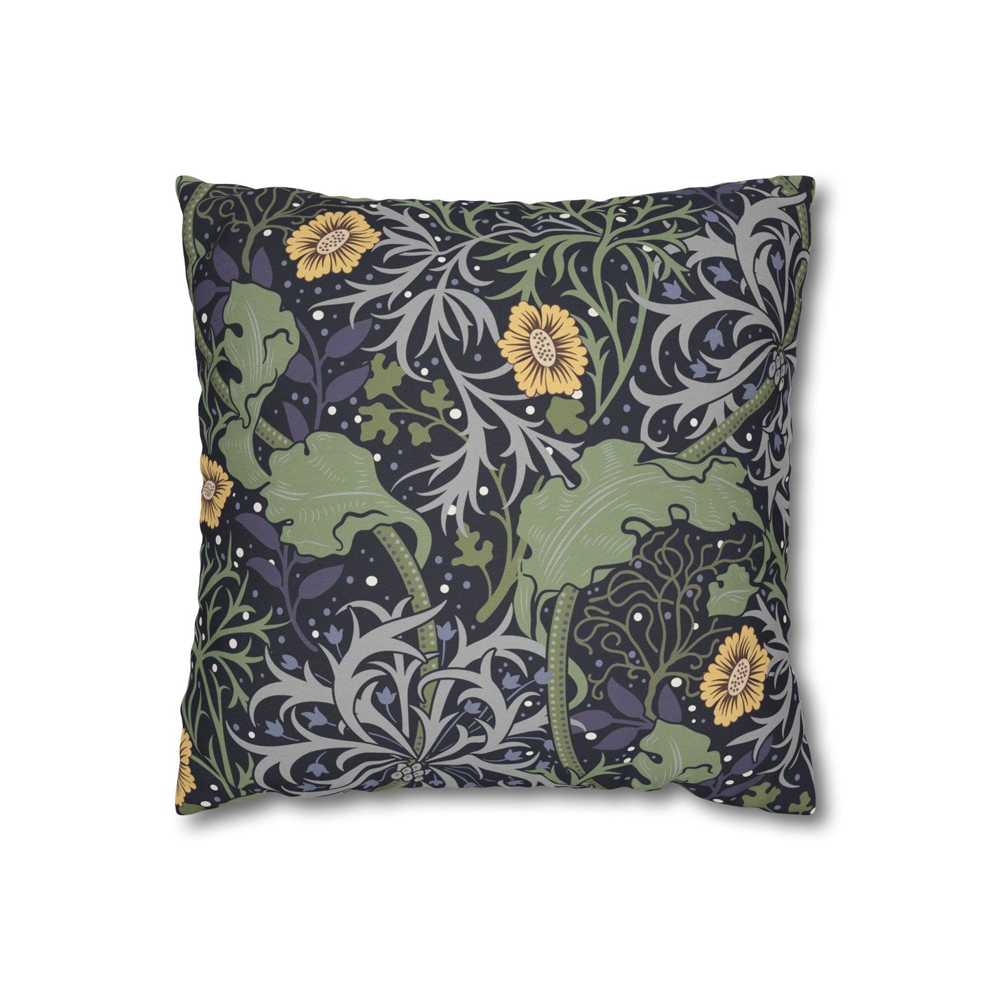 Decorative pillow with floral and lizard pattern on a white background