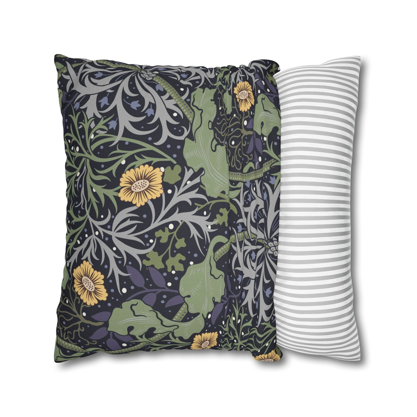 Two pillows, one with a floral pattern and the other with a striped design, on a white background.