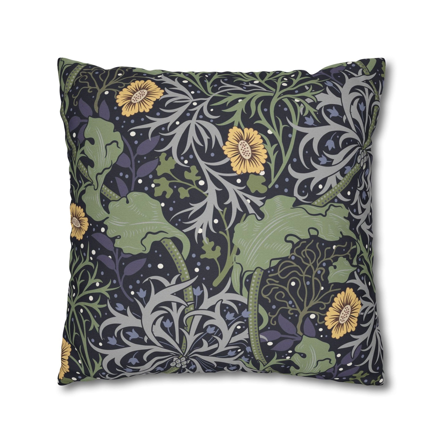 Decorative pillow with floral and leaf pattern on a white background
