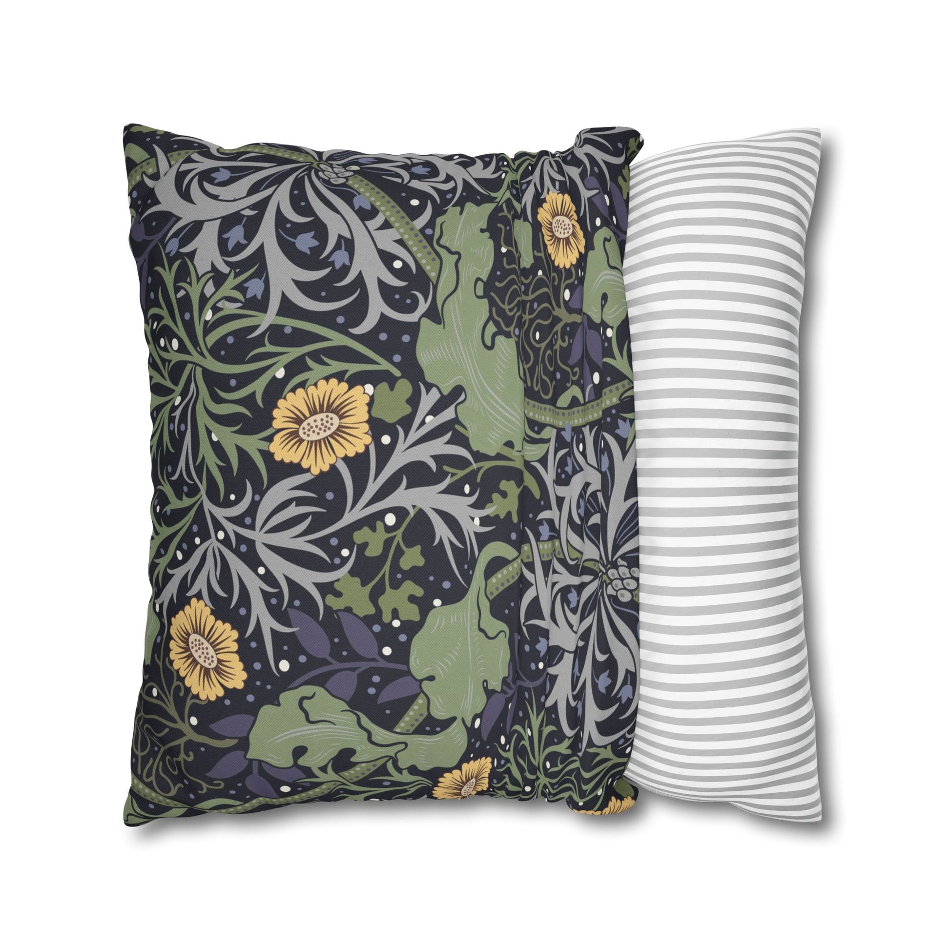 Two pillows, one with a floral pattern and the other with a striped pattern, on a white background.