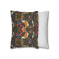 Decorative pillow with fox and floral pattern next to a striped pillow on a white background