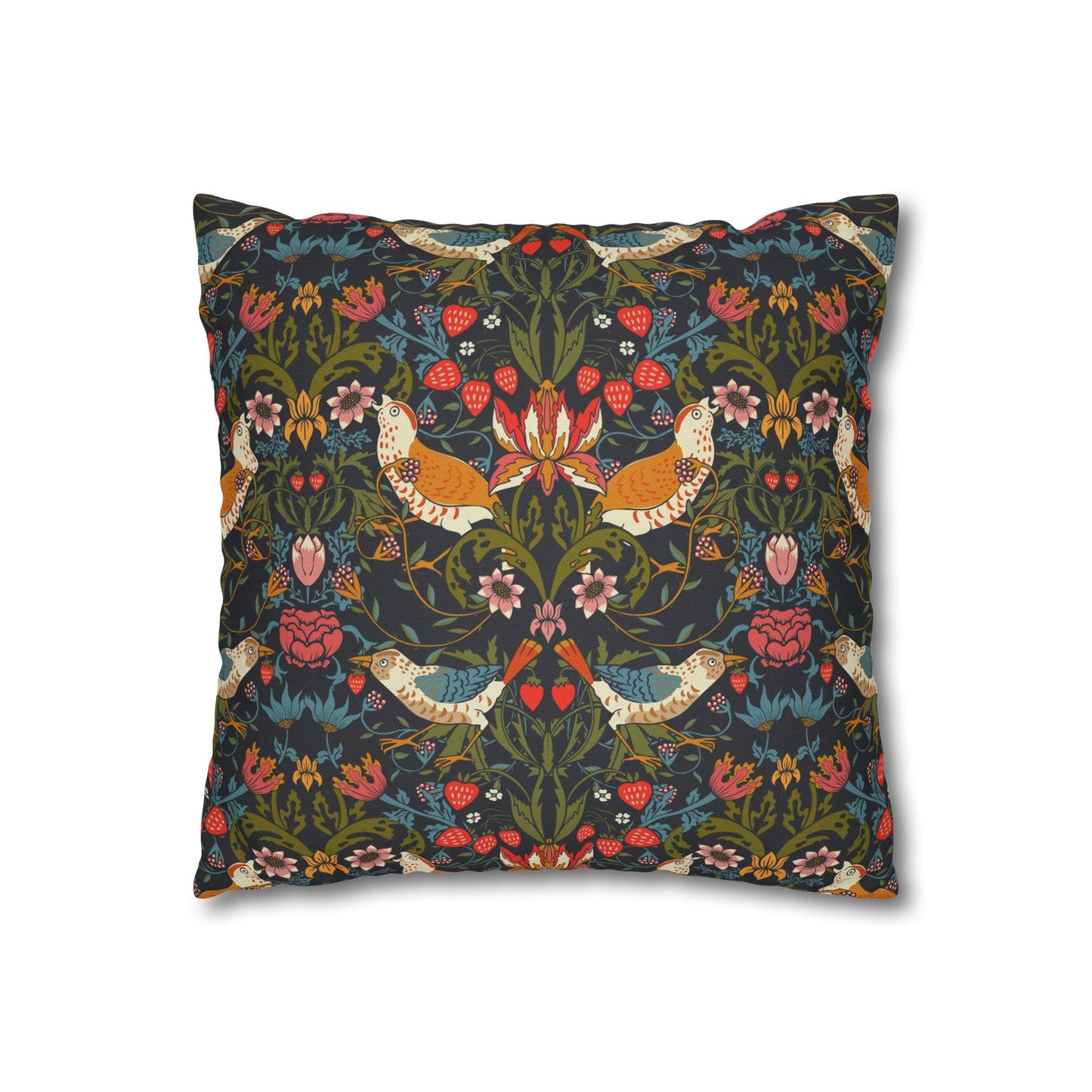 Decorative pillow with floral and bird pattern on a white background