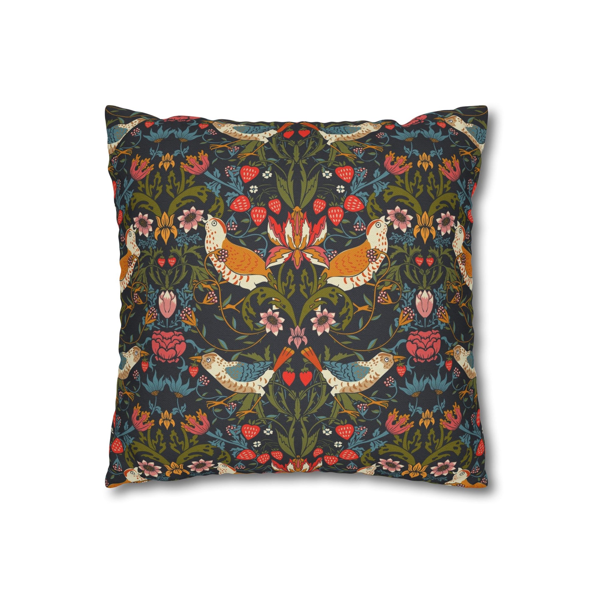 Decorative pillow with floral and bird pattern on a white background