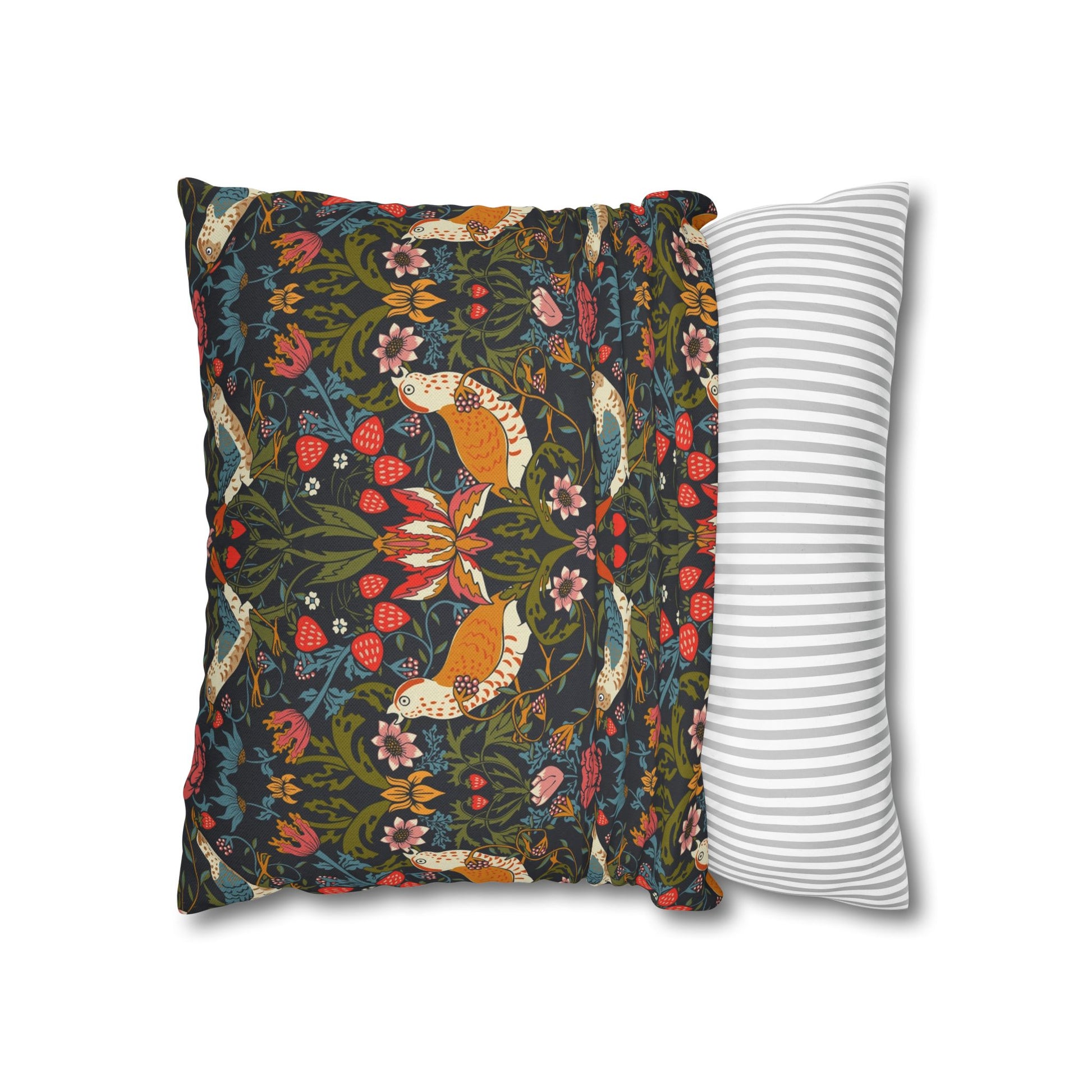 Two decorative pillows, one with a fox and floral pattern and the other with a striped design, on a white background.