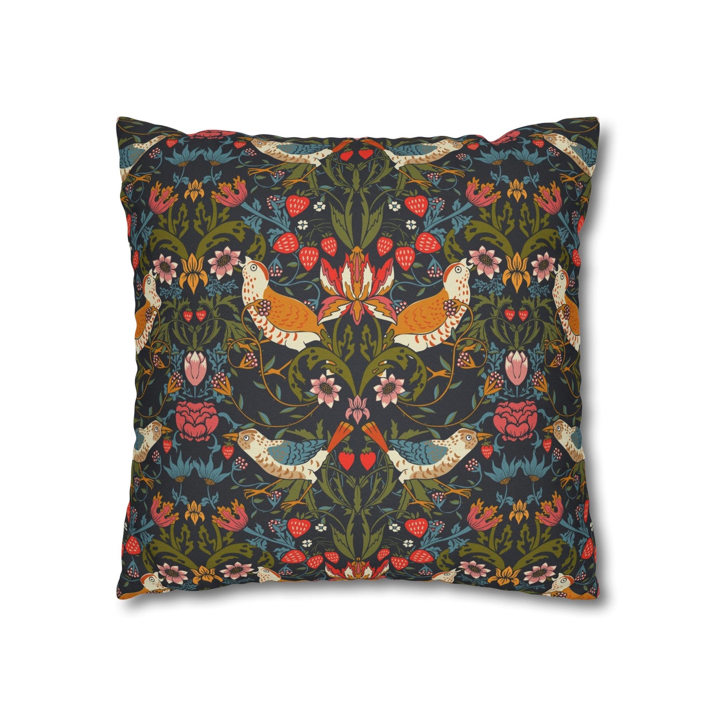 Decorative pillow with floral and bird pattern on a dark background