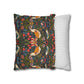 Decorative pillow with floral and fox pattern next to a striped pillow on a white background
