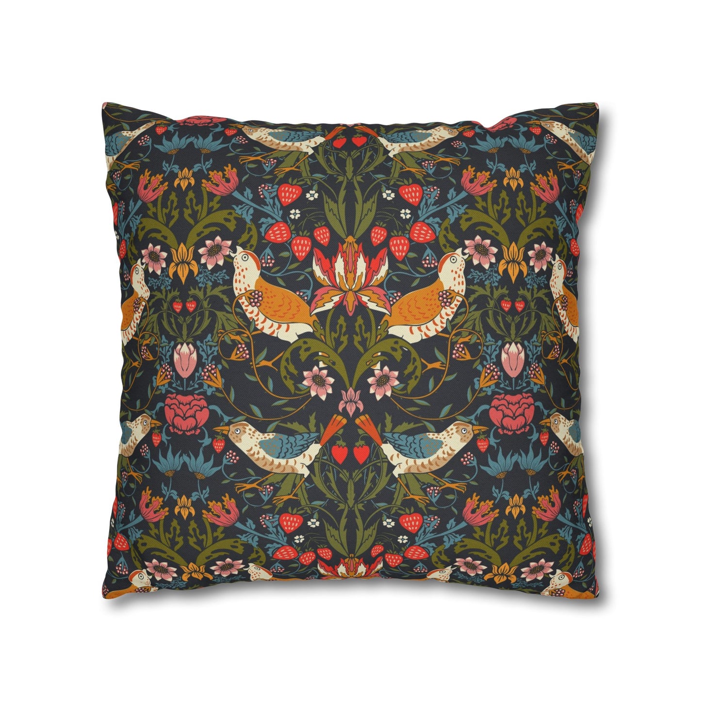 Decorative pillow with a floral and bird pattern on a white background