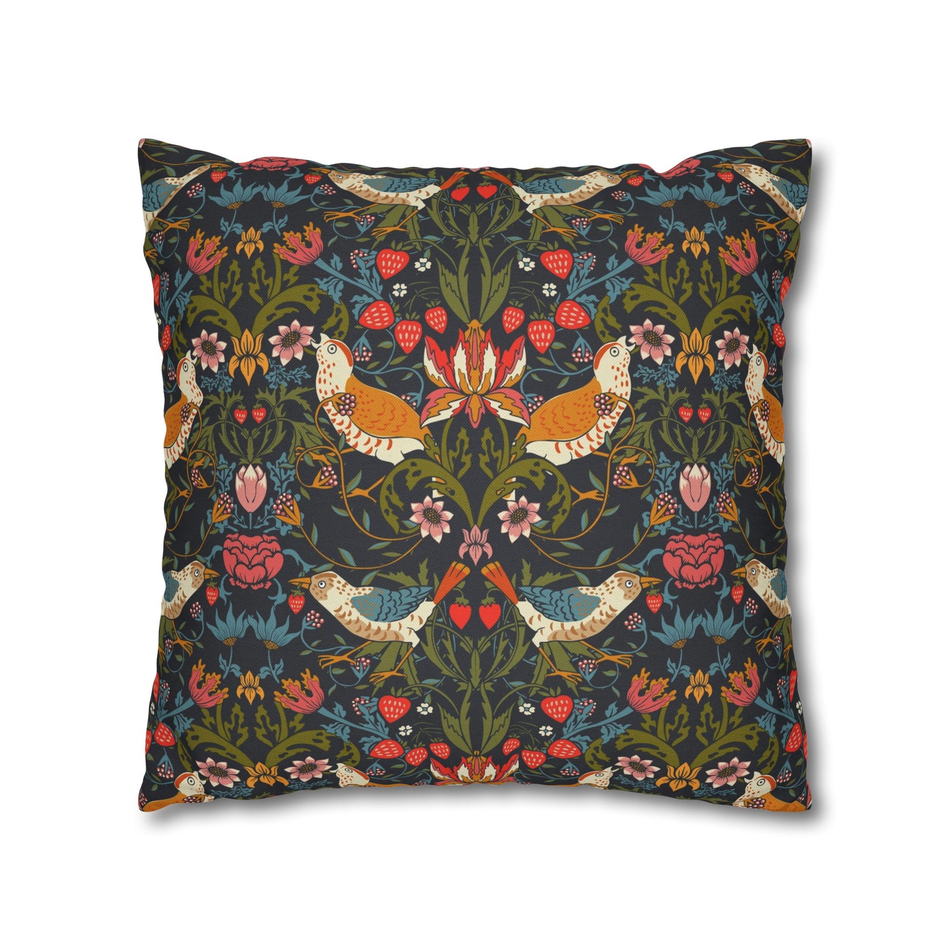 Decorative pillow with a floral and bird pattern on a white background