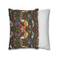 Decorative pillow with fox and floral pattern next to a striped pillow on a white background