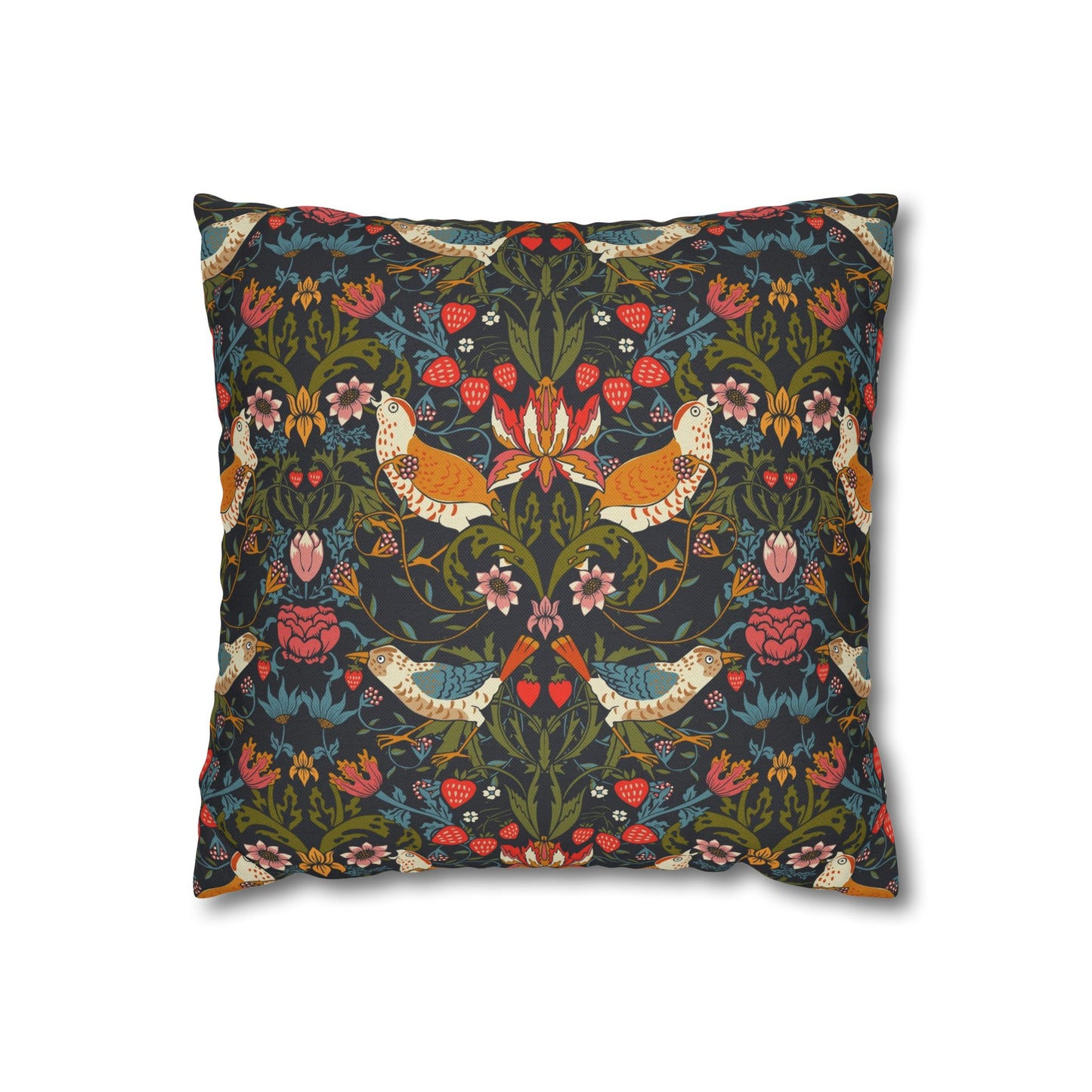 Decorative pillow with floral and bird pattern on a white background