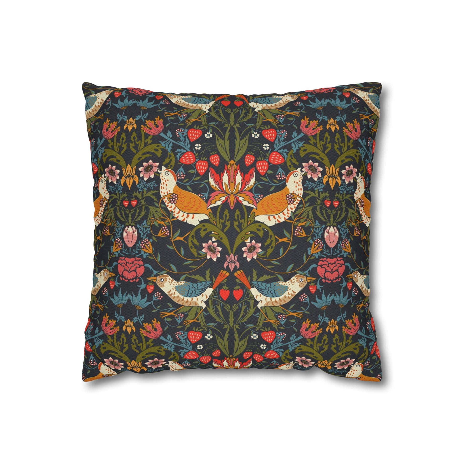 Decorative pillow with floral and bird pattern on a white background