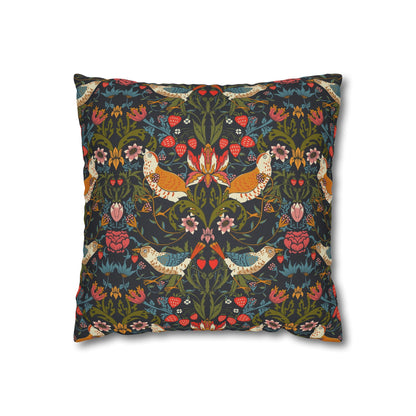 Decorative pillow with floral and bird pattern on a white background