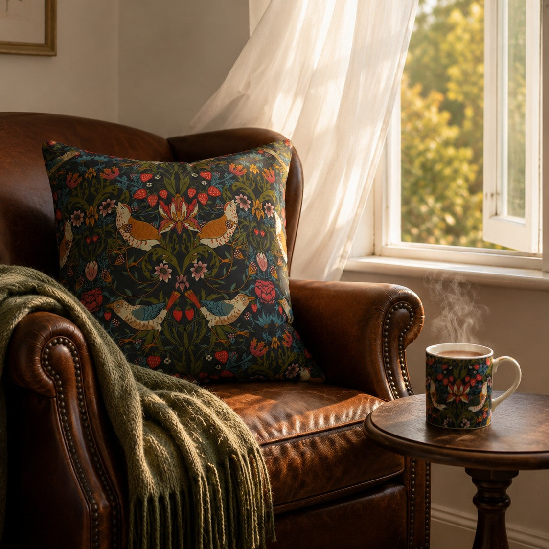 A decorative throw pillow with a detailed botanical and bird pattern in green, blue, and red, styled on a brown leather armchair next to a window with a curtain and a steaming mug on a wooden side table.