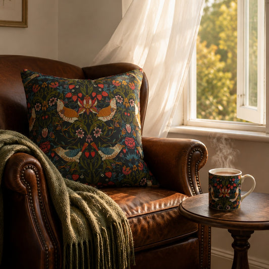 A decorative throw pillow with a detailed botanical and bird pattern in green, blue, and red, styled on a brown leather armchair next to a window with a curtain and a steaming mug on a wooden side table.