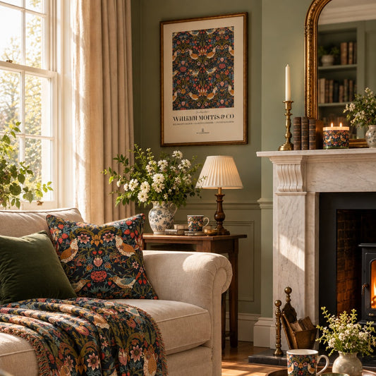 A cozy living room scene with a cream sofa, patterned throw blanket and pillows, a lit fireplace, and a framed vintage-style floral print on the wall.