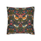 Decorative pillow with floral and bird pattern on a white background
