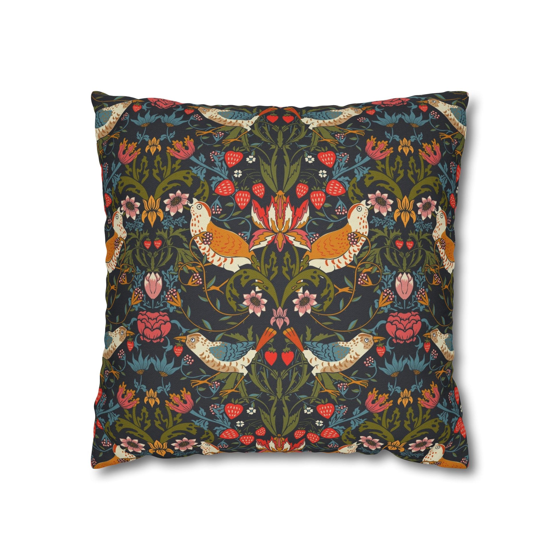 Decorative pillow with floral and bird pattern on a white background