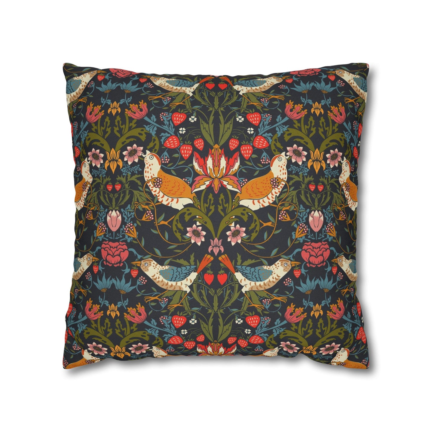 Decorative pillow with a floral and bird pattern on a white background