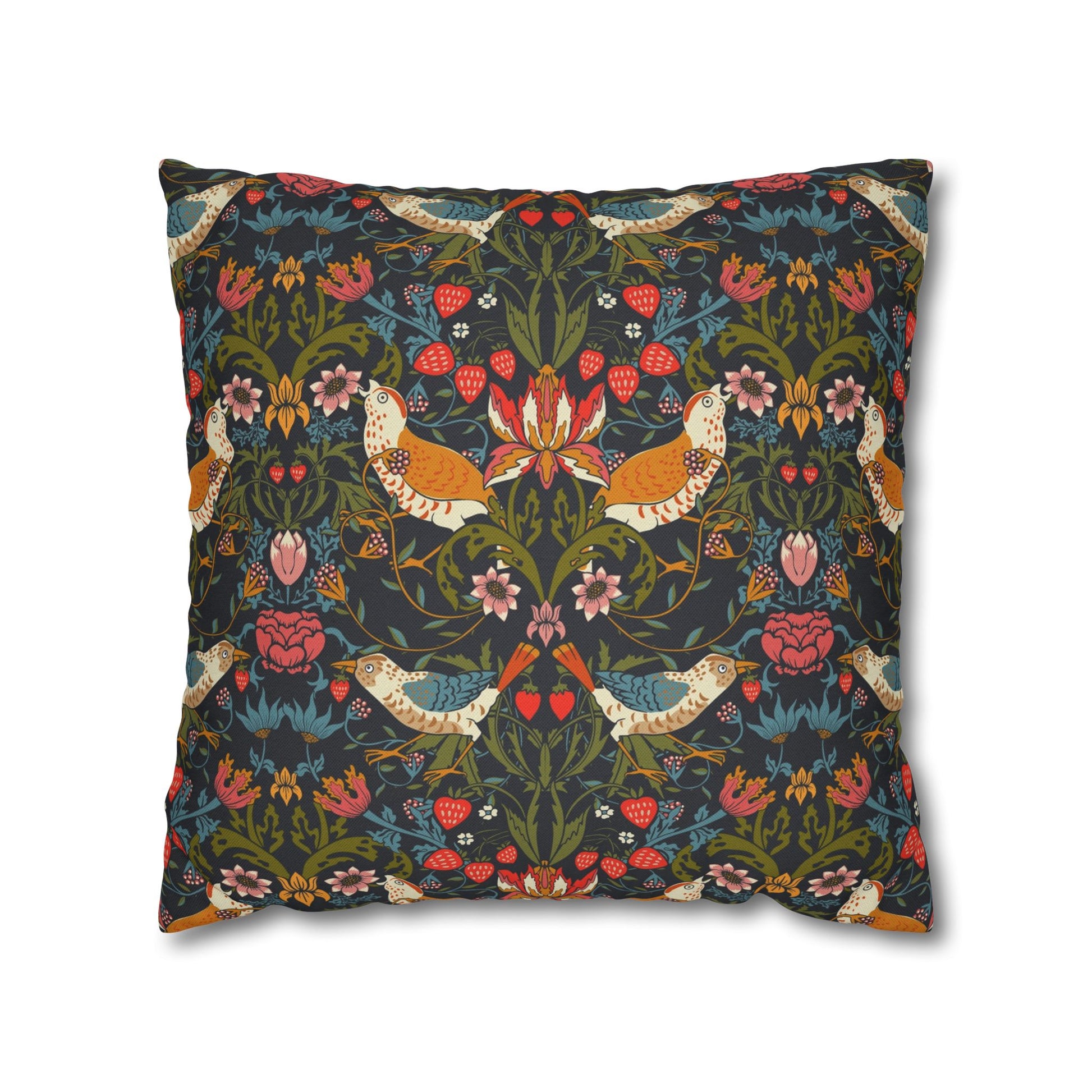 Decorative pillow with a floral and bird pattern on a white background