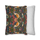 Two pillows, one with a floral and bird pattern and the other with a striped pattern, on a white background.