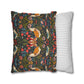 Two pillows, one with a fox and floral pattern and the other with a striped pattern, on a white background.