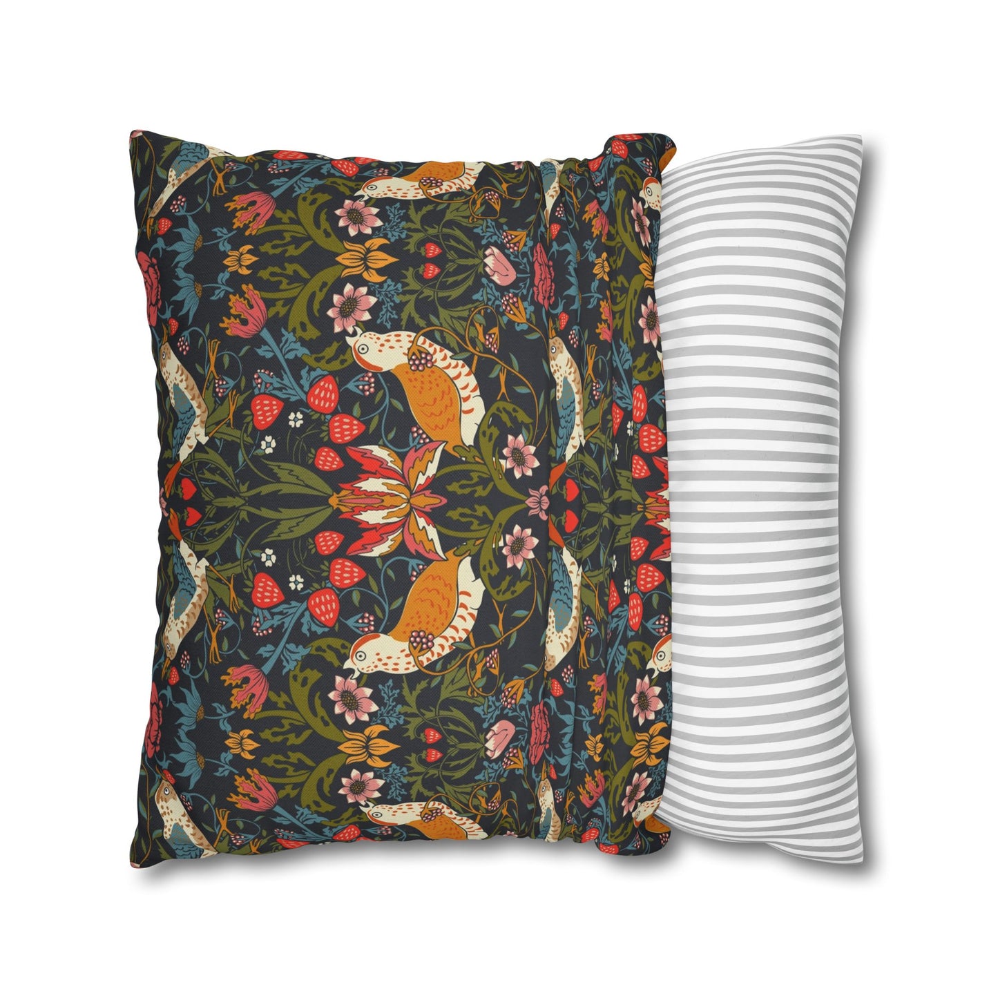 Two pillows, one with a fox and floral pattern and the other with a striped pattern, on a white background.