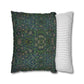 Two pillows, one with a green floral pattern and the other with white stripes, on a white background.