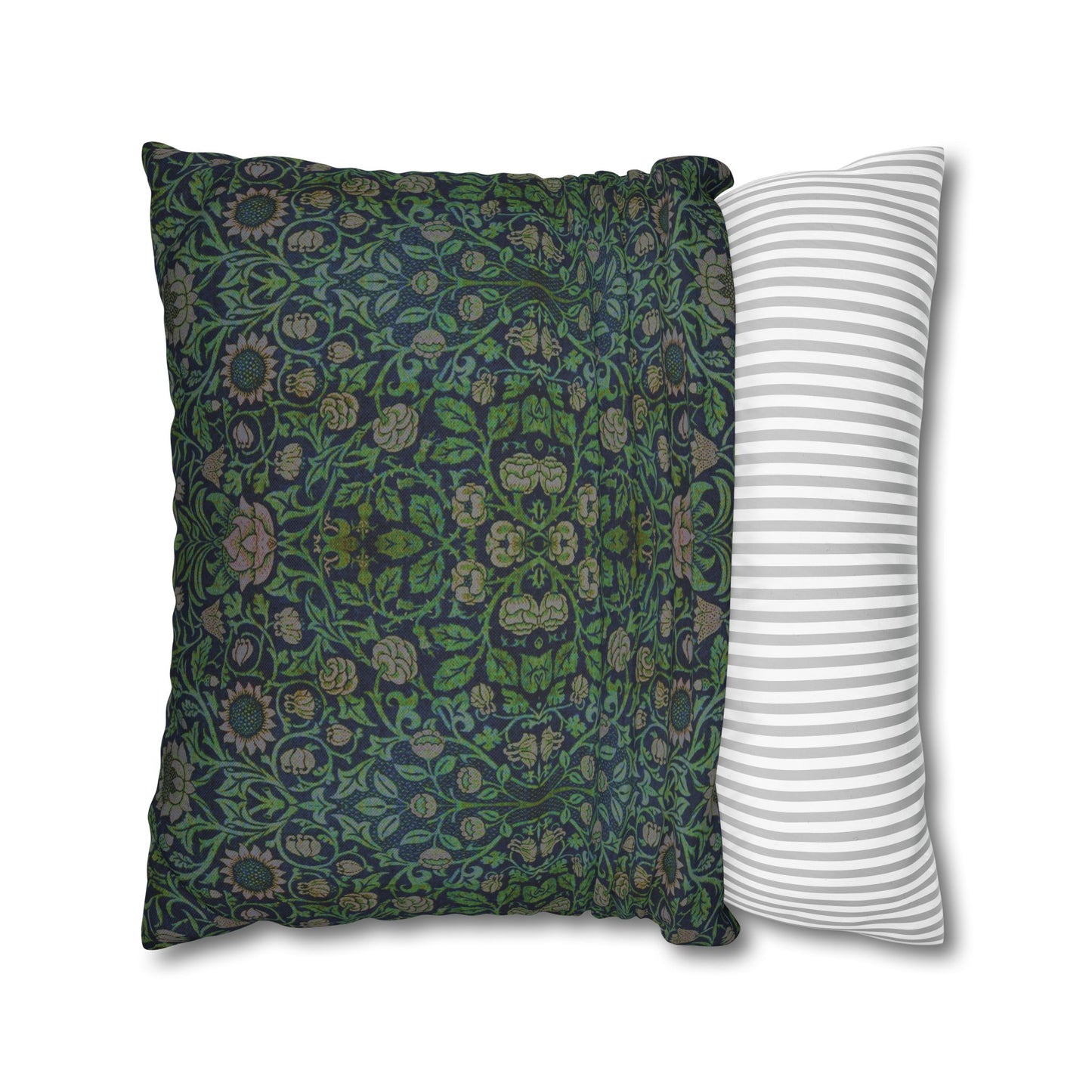 Two pillows, one with a green floral pattern and the other with white stripes, on a white background.