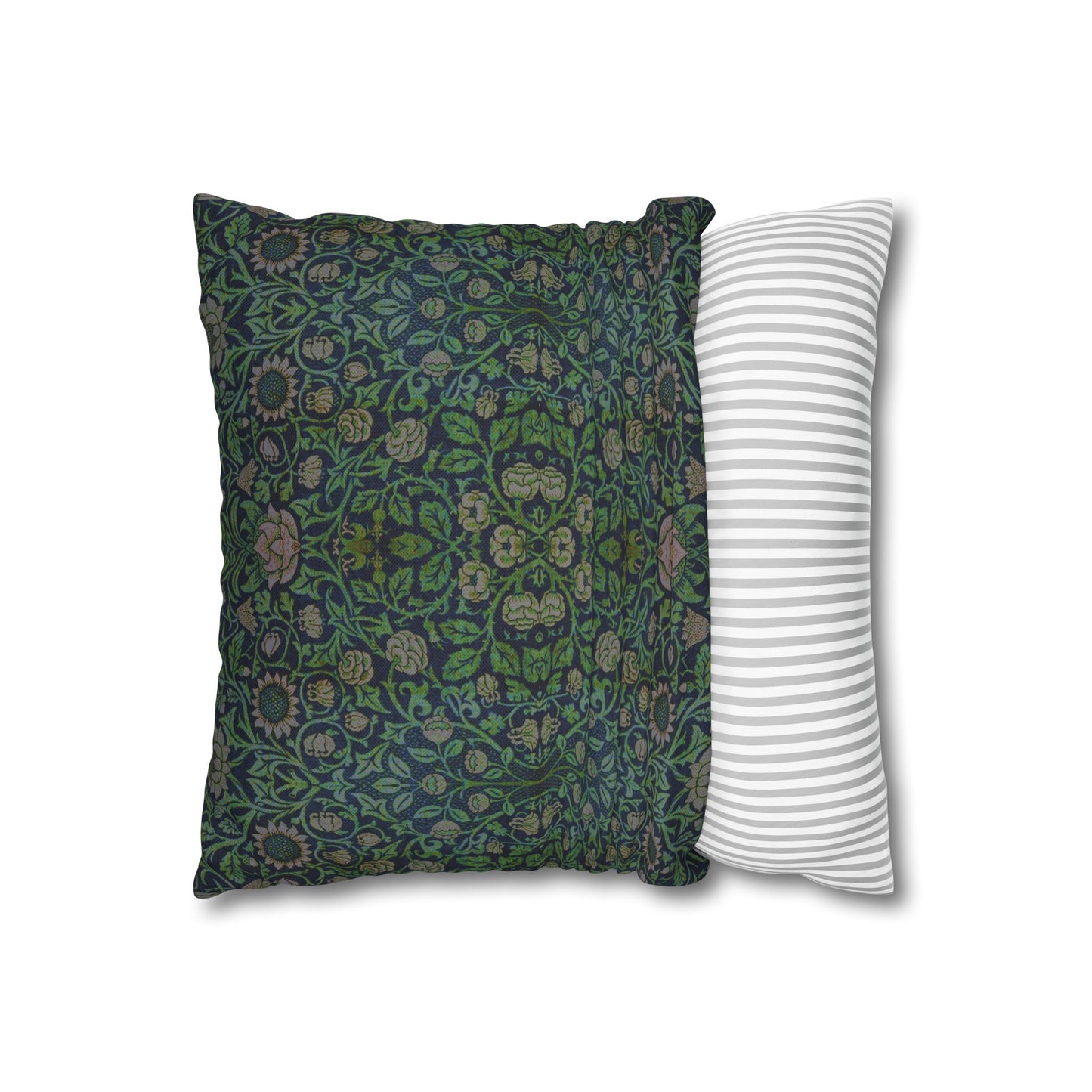 Two pillows, one with a green floral pattern and the other with a white and gray striped pattern, on a white background.