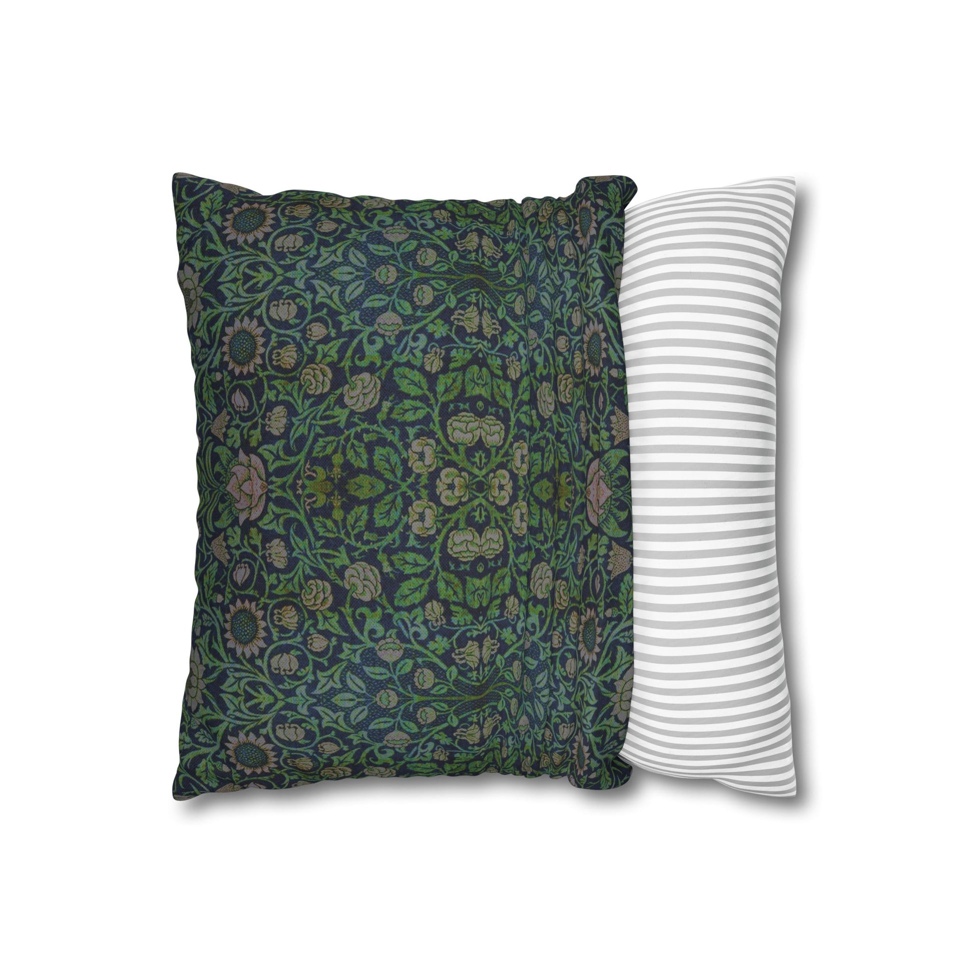 Two pillows, one with a green floral pattern and the other with a white and gray striped pattern, on a white background.