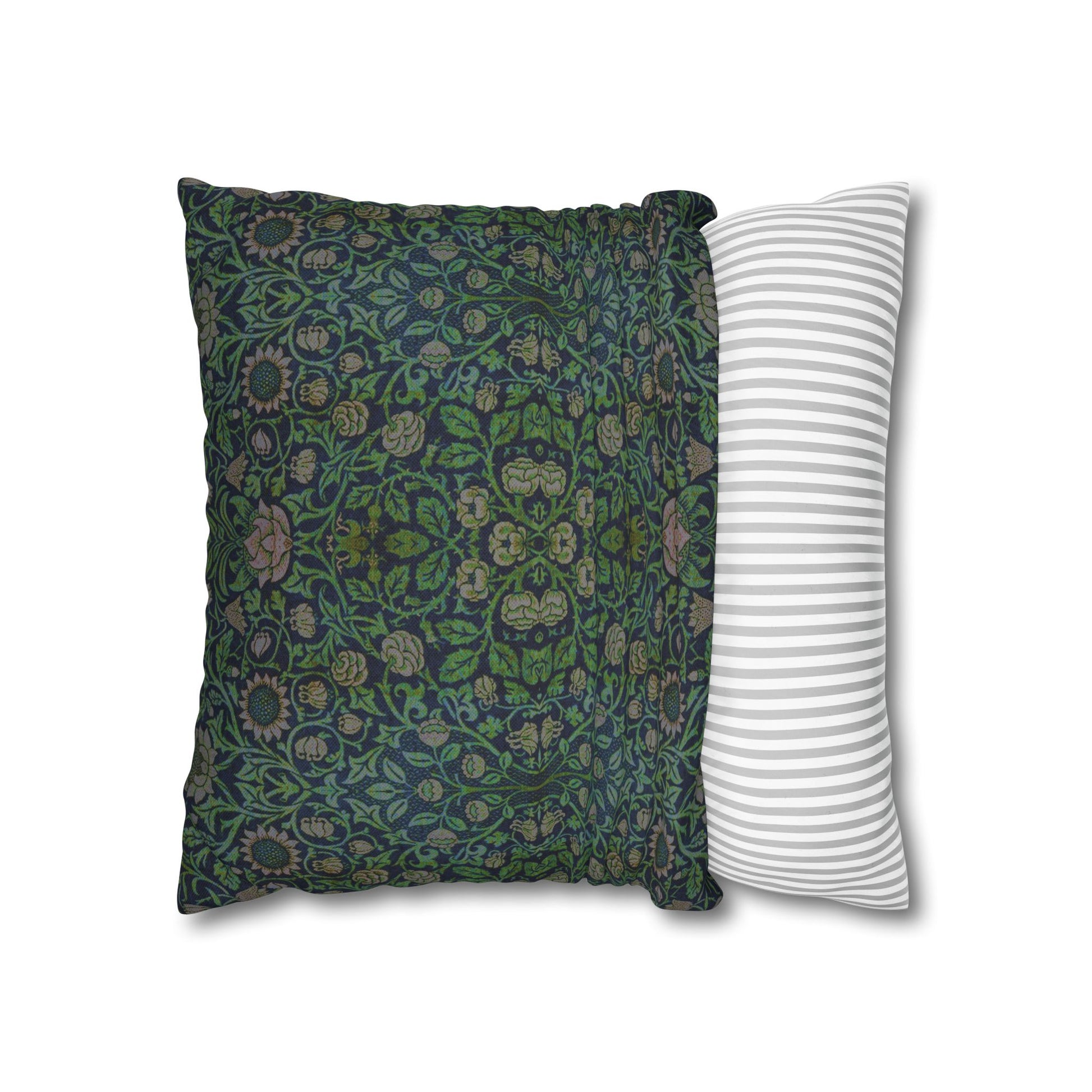 Two pillows, one with a green floral pattern and the other with a white and gray striped pattern, on a white background.